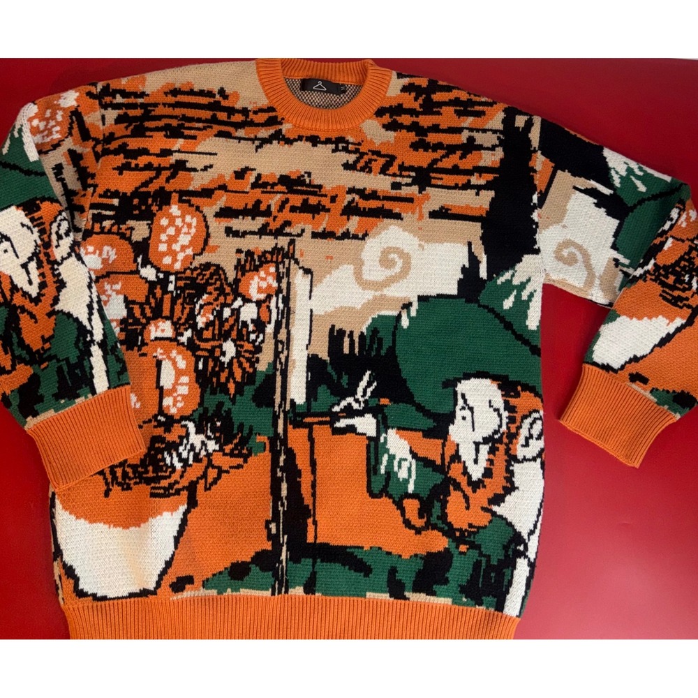 Hanger Brand Artist Landscape Intarsia Knit Sweater Orange Green Mens Medium